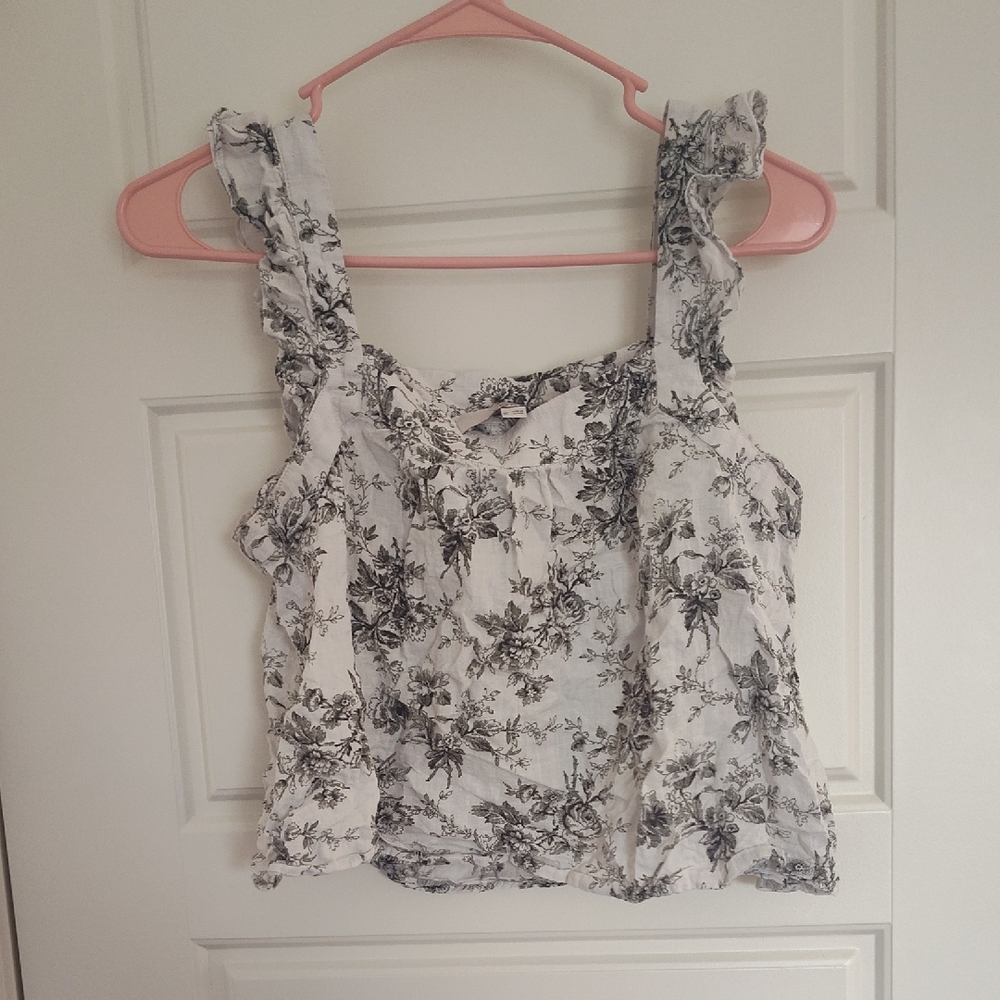 LOFT White Camisole with Black Floral Print and Ruffle Straps